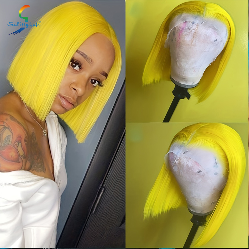 Peluca de cabello humano 180% 13x4, peluca corta recta con corte Bob, densidad del 180%, peluca de cabello humano frontal de encaje 13x4, línea de cabello Natural con pelo de bebé_voghion.com