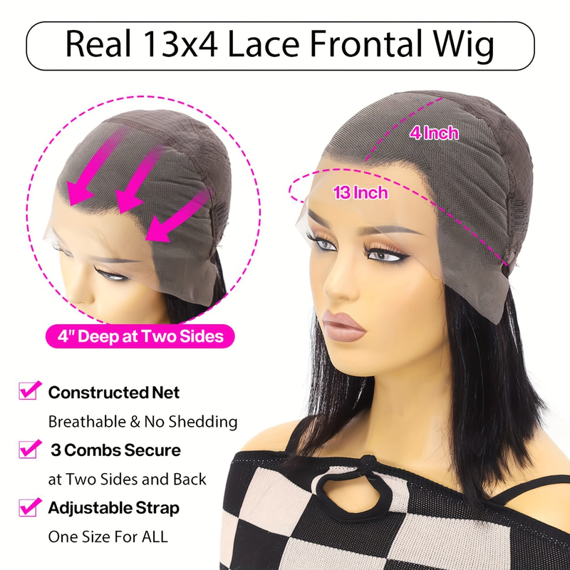 200 % 13 x 4 Echthaar-Perücke, kurze, gerade Bob-Schnitt-Perücke, 200 % Dichte, 13 x 4 Spitzenfront-Echthaar-Perücke, natürlicher Haaransatz mit Babyhaar_voghion.com