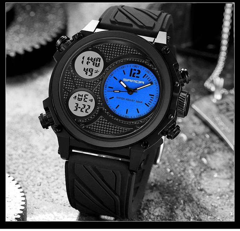SANDA LED Digital Sport Watches 50m Waterproof Electronic Wristwatch Three Time Display Quartz Watch for Men Alarm Clock_voghion.com