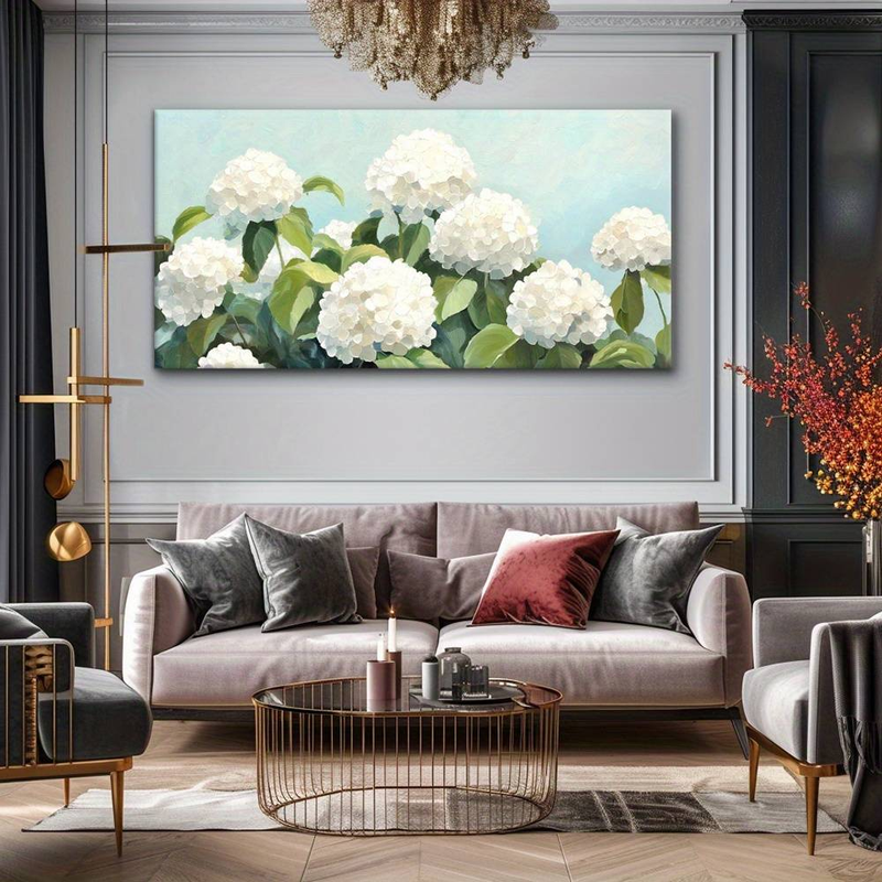 Modern Hydrangea Bloom Abstract Wall Art Canvas Prints Painting- With White Flowers On Blue Background,for Living Room, Bedroom, Office Decor_voghion.com