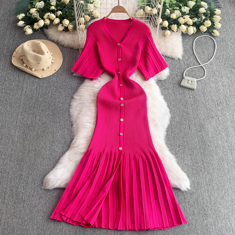 Women's Clothing Elegant V Neck Single Breasted Short Sleeved Dress Knitted Elastic Waist Hollow Fishtail Long Skirt_voghion.com