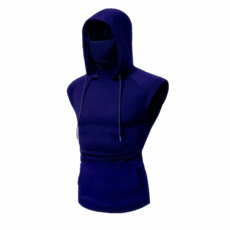 Camiseta de treino masculina com capuz e máscara facial - Colete de ginástica respirável sem mangas para corrida, treinamento e esportes ao ar livre (preto, azul, vinho tinto, cinza) P-XGG_voghion.com