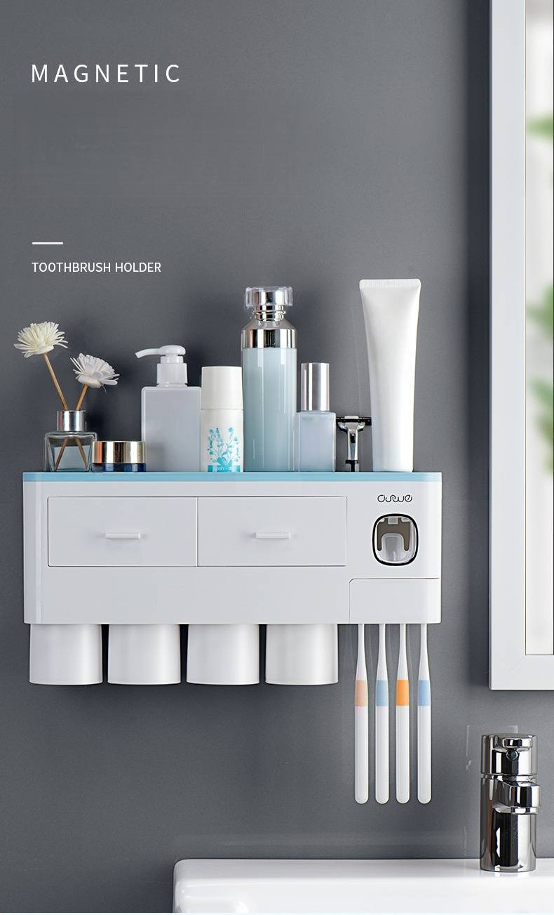 Wall Mount Toothbrush Holder With Auto Toothpaste Dispenser & Storage Drawer - Space Saving Bathroom Organizer For Toothbrush, Cup & Essentials_voghion.com