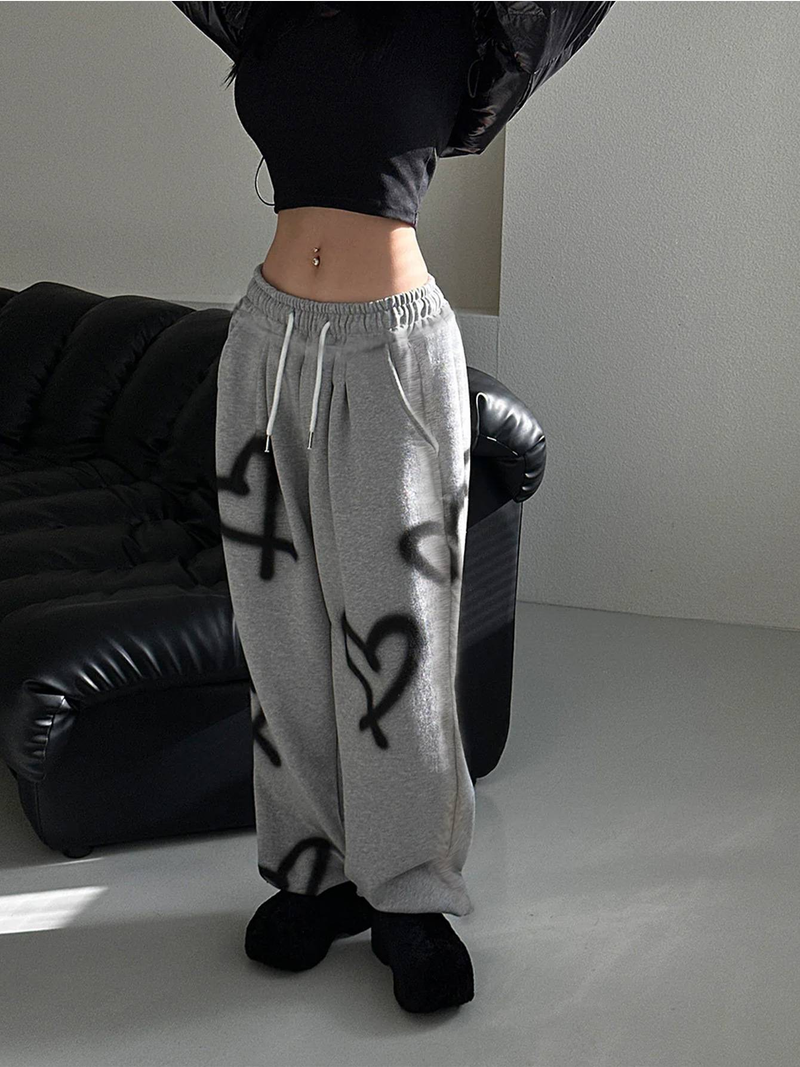 Pantaloni jogger con coulisse in vita e stampa a cuori casuali Y2K - Pantaloni casual comodi e larghi per donna_voghion.com
