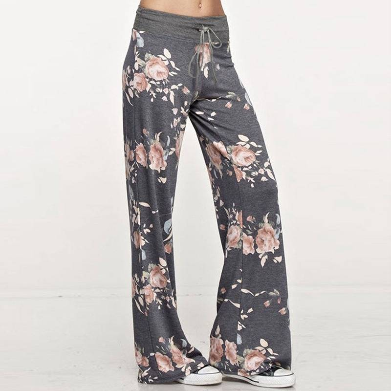 Plus Size Floral Print High Rise Drawstring Long Pants, Women's Plus Slight Stretch Loose Casual Pants_voghion.com