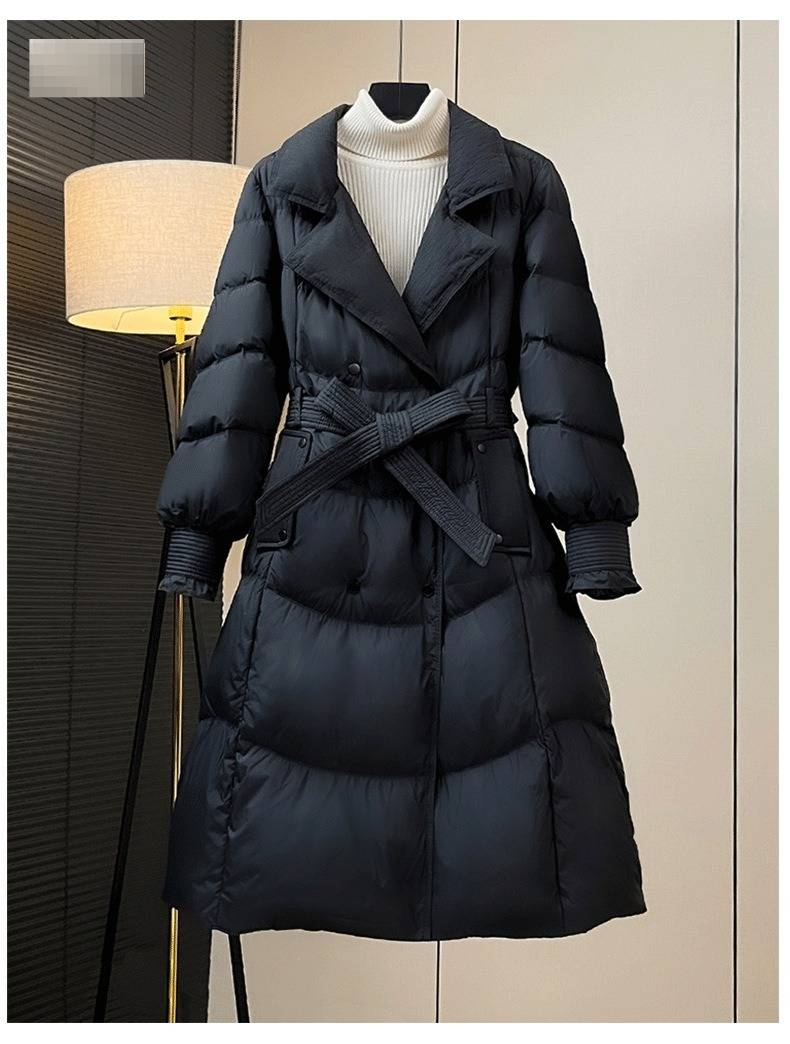 Elegant Women's Trench Coat Down Jacket With Slim Fit, Double Breasted, Waist Belt & Long Length For Winter Fashion_voghion.com