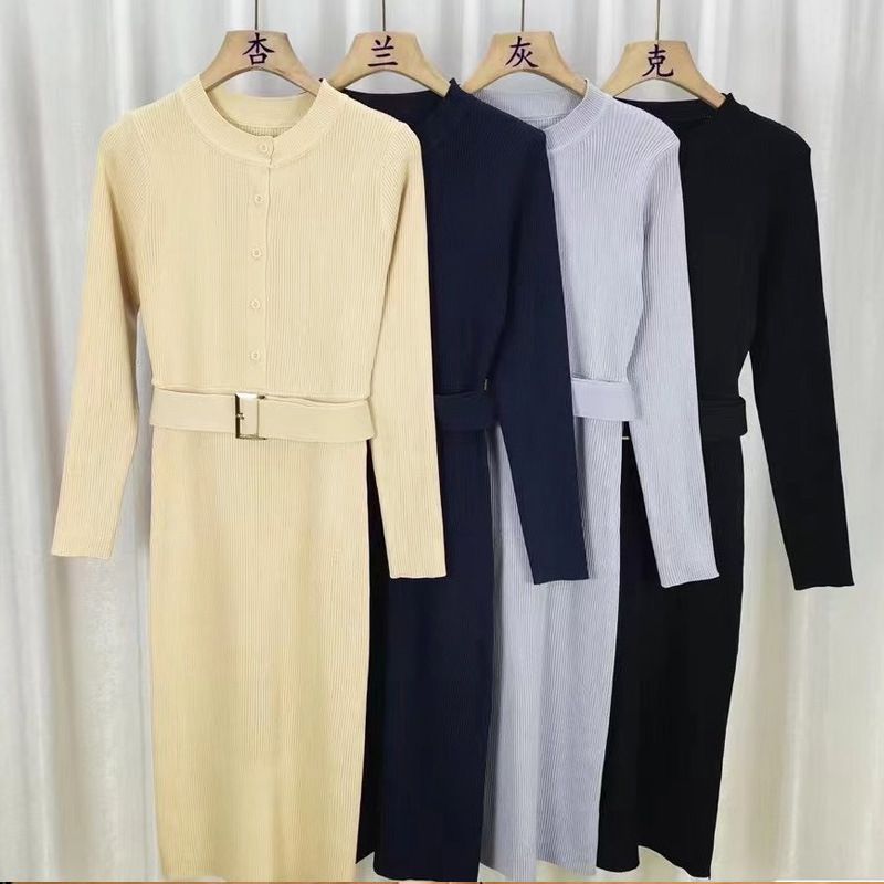 Women's Clothing Korean chic autumn and winter new temperament round neck slim fit long sleeve knitted hip dress with belt for women_voghion.com