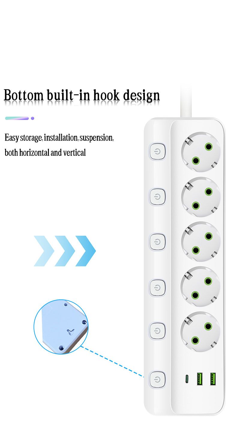 EU-Steckdosenleiste mit 3/5 AC-Steckdosen + 2 USB-Anschlüssen + 1 Typ C 6/8-in-1-Steckeradapter 2M Steckdose für das Home Office_voghion.com