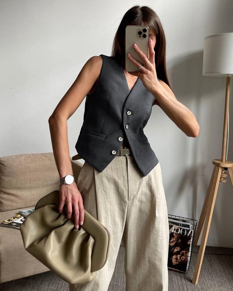 Women's Sleeveless Blazers Pocket Streetwear Solid Color_voghion.com