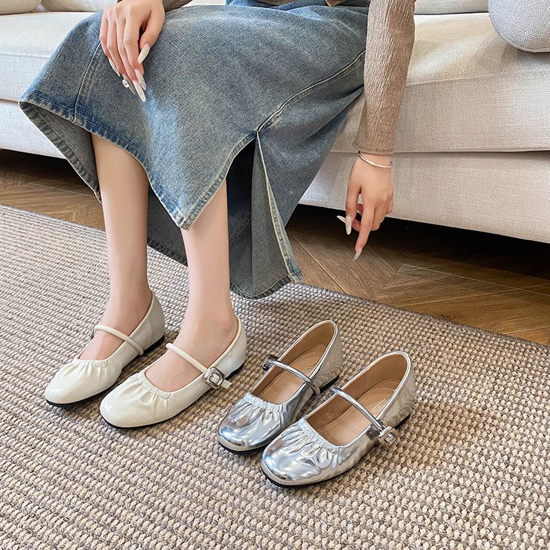 7229 Yixin Da French Mary Jane para mujer, correa, tacto de alta gama, elegante diseño fruncido, zapatos individuales plateados con cierre oculto_voghion.com