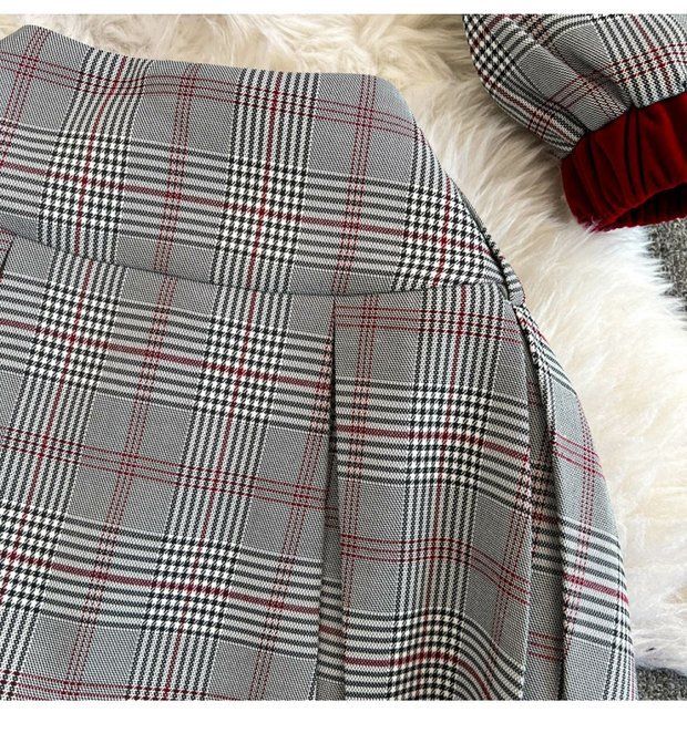 Kadınlar İçin Vintage Ekose Blazer ve Pileli Etek Takımı - Kırmızı ve Siyah Kışlık Rahat İki Parçalı Kıyafet_voghion.com