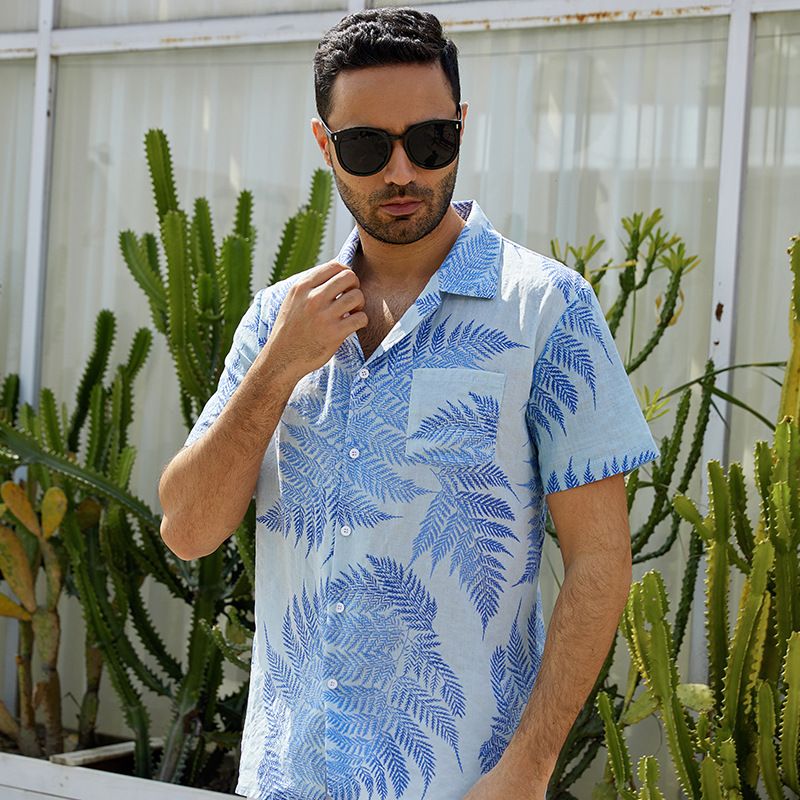 Herrenbekleidung Neue Mode Maple Leaf Revers Kurzarm Strandhemd_voghion.com