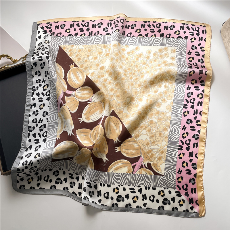 Leopardí šátek s granátovým jablkem, barevný blok, květinový hedvábný šátek z imitace hedvábí, dámský čtvercový šátek 70x70cm, šátek na hlavu, cestovní ručník_voghion.com