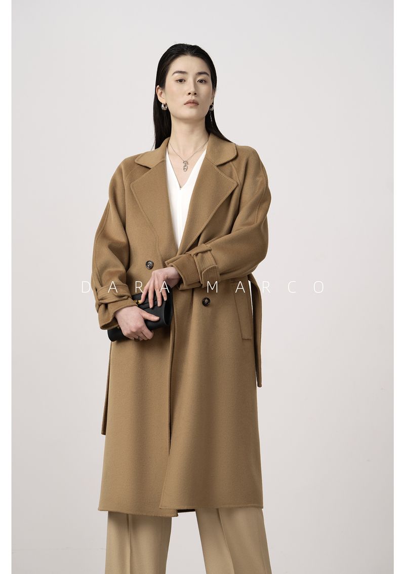 Trench double-face di lusso in misto cashmere e seta per donna – Elegante design con spalle scese, cappotto lungo aderente con drappeggio lusinghiero_voghion.com