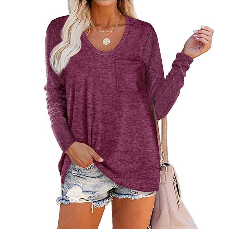 Women's T-shirt Round Neck Stripe Pocket Long Sleeve Casual Loose Tops_voghion.com