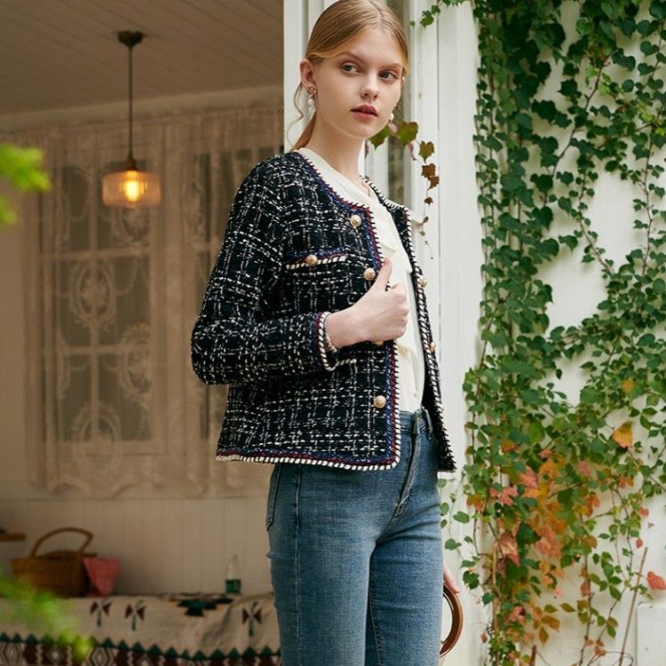 Women's Clothing spring and autumn new black and white plaid double breasted tweed plus size jacket_voghion.com