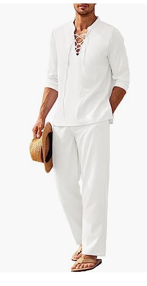 Pantaloni lunghi da uomo con maniche in cotone e lino, camicia Henley, set casual hippie da spiaggia, tinta unita, taglia europea_voghion.com