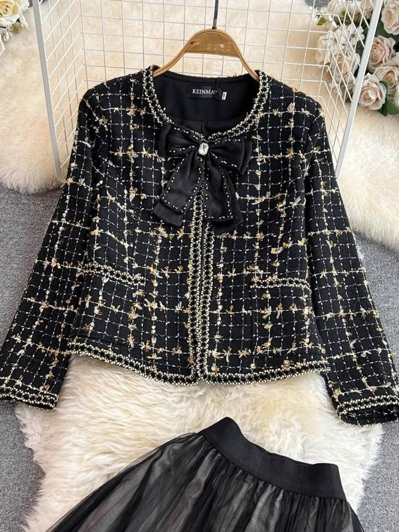 Damenbekleidung Rundhals Einreiher Tweedjacke Zweiteiler Hohe Taille A E Rock_voghion.com