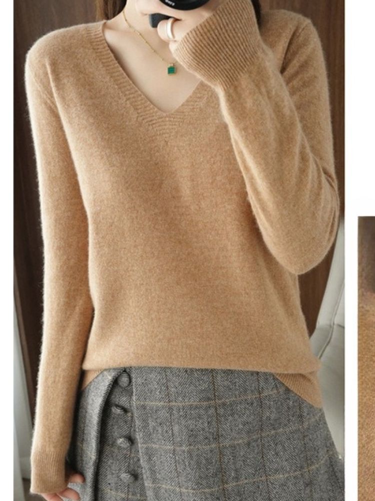 K New Women's Knitted Sweater With V-neck Long Sleeves Pullover Top Plain Color Loose Base Layer Slimming Wearable Outside. No Accessories_voghion.com