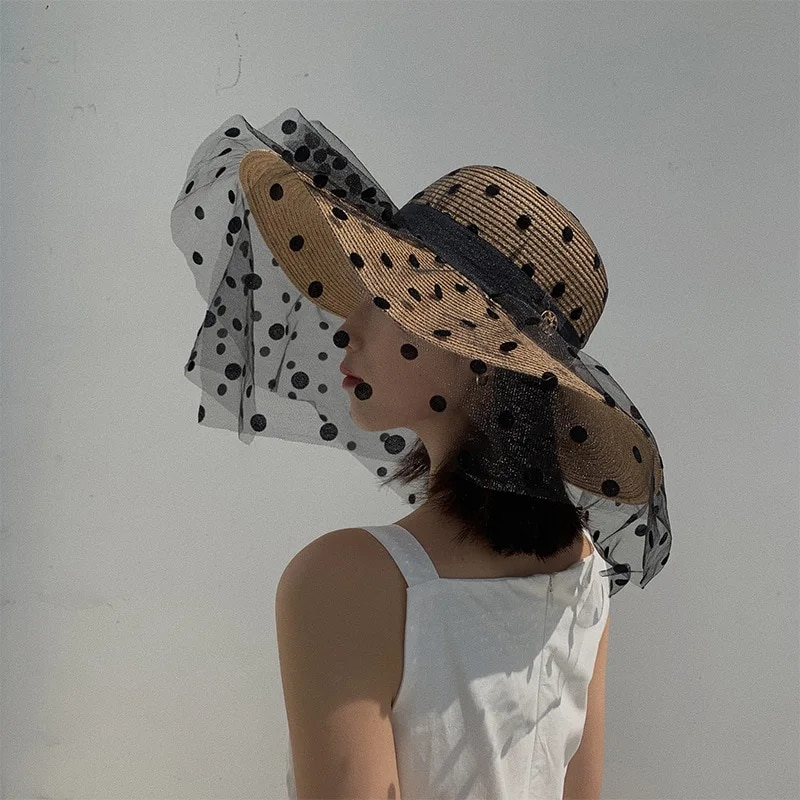 Sombreros de paja de verano con encaje de malla para mujer, clásicos, elegantes, con lunares, de ala ancha, para playa, plegables, con protección UV, Panamá_voghion.com