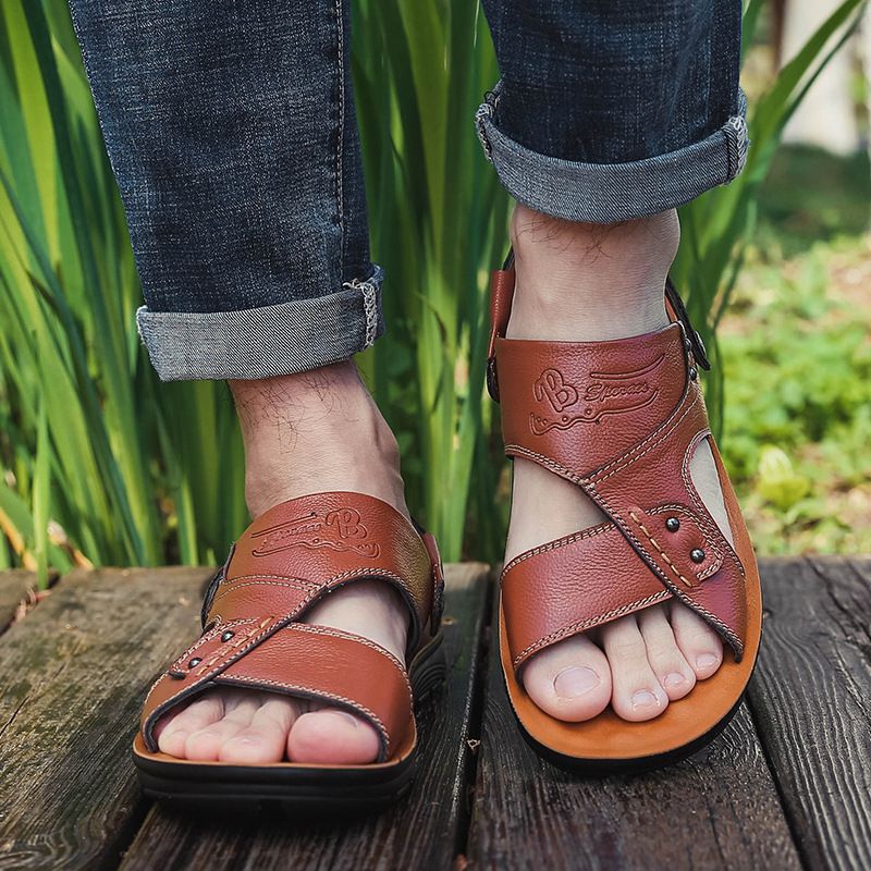 Herren Echtleder Sommer Casual Strandschuhe, Rindsleder Sandalen, Herren rutschfeste Hausschuhe 3027_voghion.com