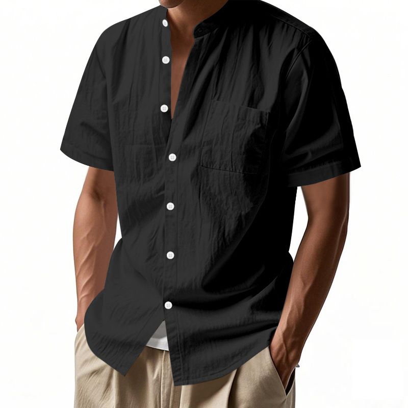 Camisa de lino de manga corta para hombre, nueva, de color liso, con cuello alto y bolsillo, holgada, informal_voghion.com