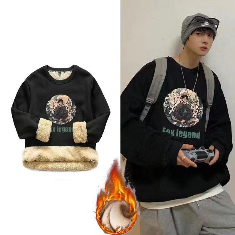 Fleecegefüttertes, dickes Sweatshirt für Herren, Rundhalsausschnitt, lockere Passform, trendiger Herbst- und Winter-Ins-Stil, warme Lammwolle für Studenten_voghion.com