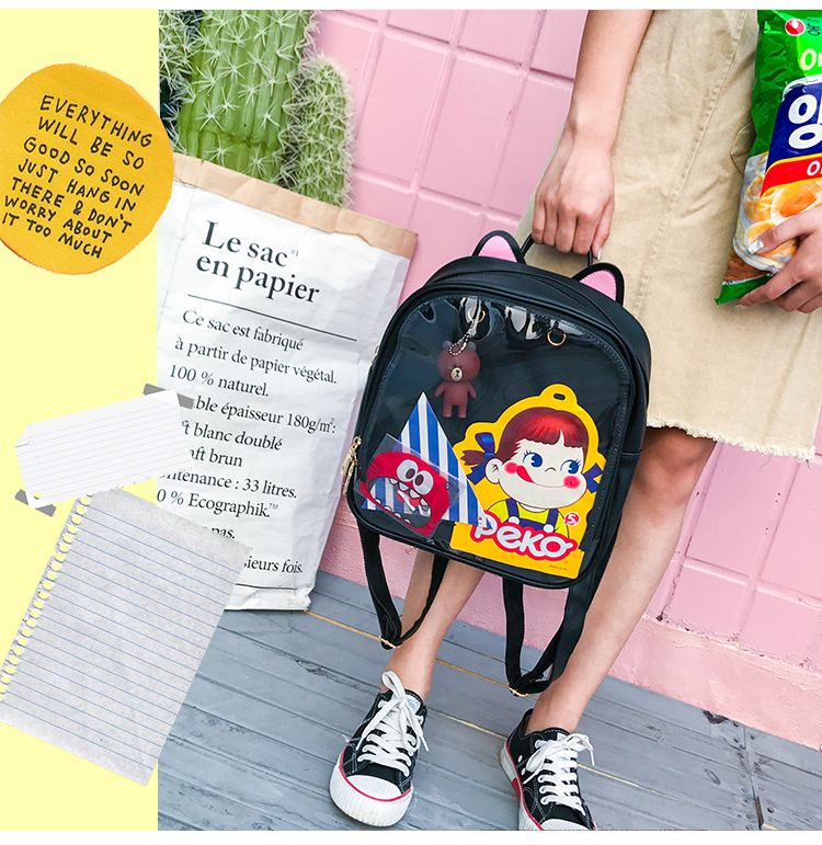 Zaini in pelle con orecchie di gatto adorabili Borsa trasparente color caramello Borse a tracolla da donna Zaino da viaggio per ragazze adolescenti_voghion.com