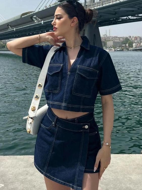 Workwear Denim Suit Skirt Pants V-neck Short Sleeve Top Summer Women Hot Girl High Waist Irregular_voghion.com