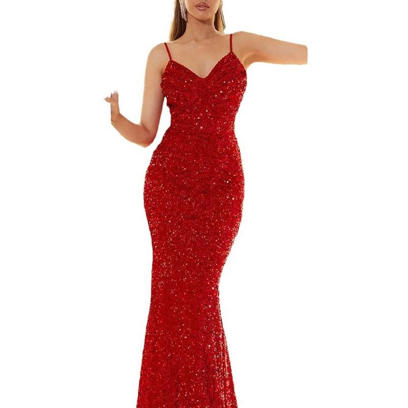 uus moodne V-kaelusega puusaliigesega litritega kaunistatud Euroopa ja Ameerika keskmise vöökohaga kellukesevarrukatega pikk õhtukleit_voghion.com