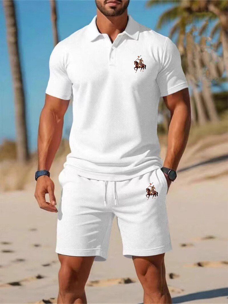 Men's Summer Slim-Fit Polo Shirt & Shorts Set - Breathable Mesh Short Sleeve Embroidered Casual Outfit (White/Navy/Orange/Black/Red/Teal/Army Green_voghion.com