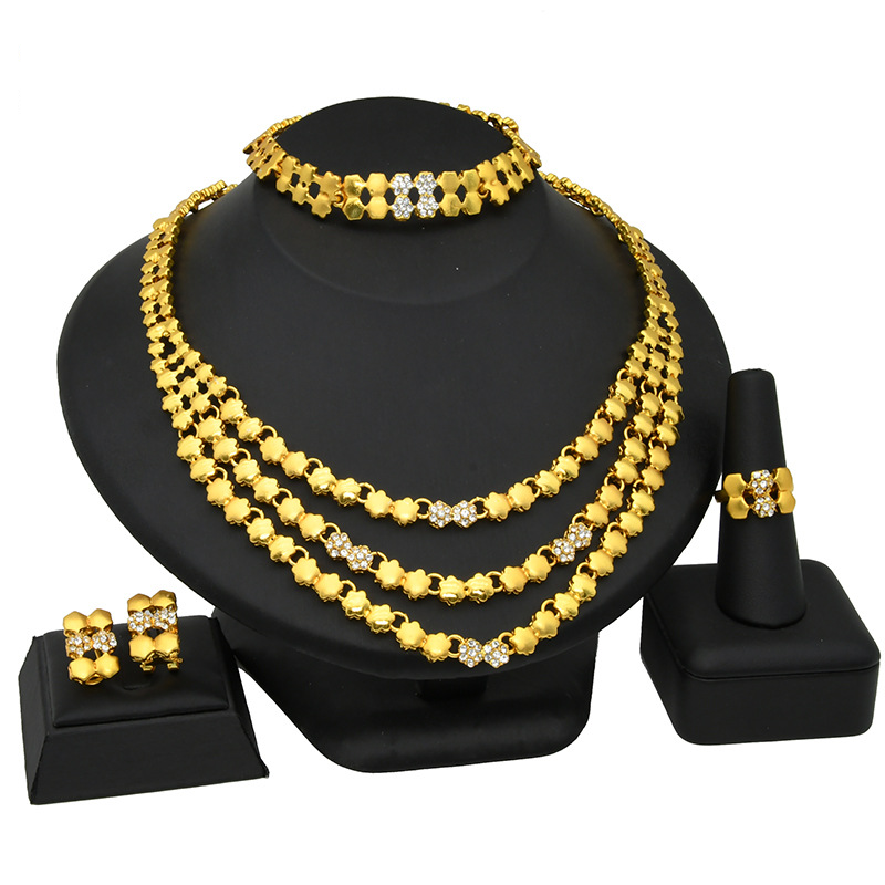 Set di gioielli in oro, collana da sposa, orecchini, bracciale, anello, set da 4 pezzi_voghion.com