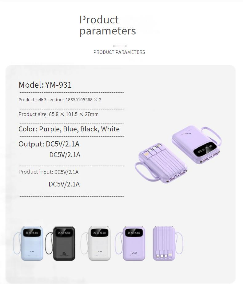 Matkapuhelintarvikkeet Mini 20000 mAh varavirtalähde sisäänrakennetulla kaapelilla Suuri kapasiteetti Kompakti ja kannettava mobiilivaravirtalähde_voghion.com