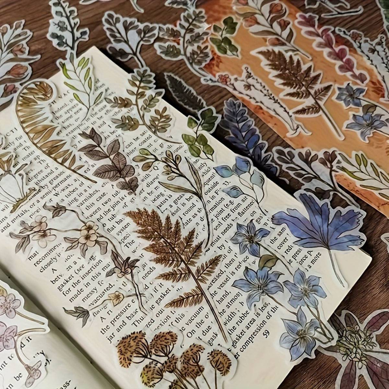 Paquete de 60 pegatinas de papel japonesas con decoraciones florales y brillantes - Diseño vintage de plantas, aptas para superficies de madera_voghion.com
