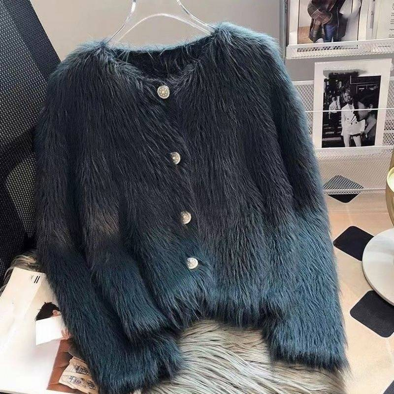 Luxury Faux Fur Knit Cardigan - Oversized V-Neck Button Front Coat With Flutter Sleeves, Soft Winter Wrap For Women (White/Black/Hot Pink/_voghion.com
