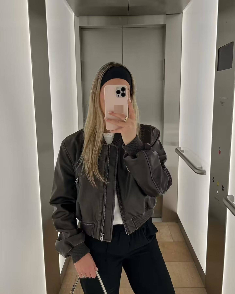 Damenbekleidung PU-Leder Streetwear Kurze Bomberjacke - Slim Fit Stehkragen Pilotenmantel für Männer & Frauen (Braun/Schwarz/Grau)_voghion.com