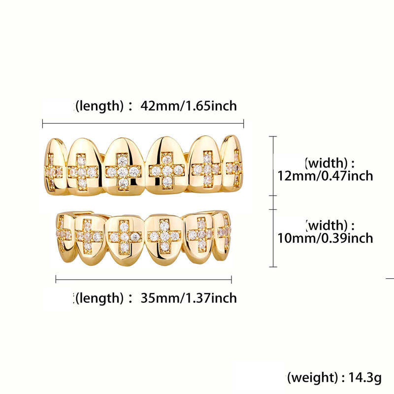 Grillz a croce placcati in oro Hip Hop con zirconi cubici micro-pavé - Gioielli dentali geometrici unisex per Halloween e feste, set superiore/inferiore_voghion.com