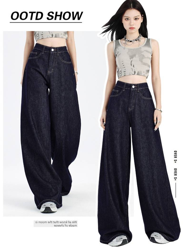 Women's Dark Blue High Waist Straight Leg Jeans - Non-Fade Stretch Denim Wide Leg Pants For Fall, Trendy Streetwear & Casual Outfits_voghion.com