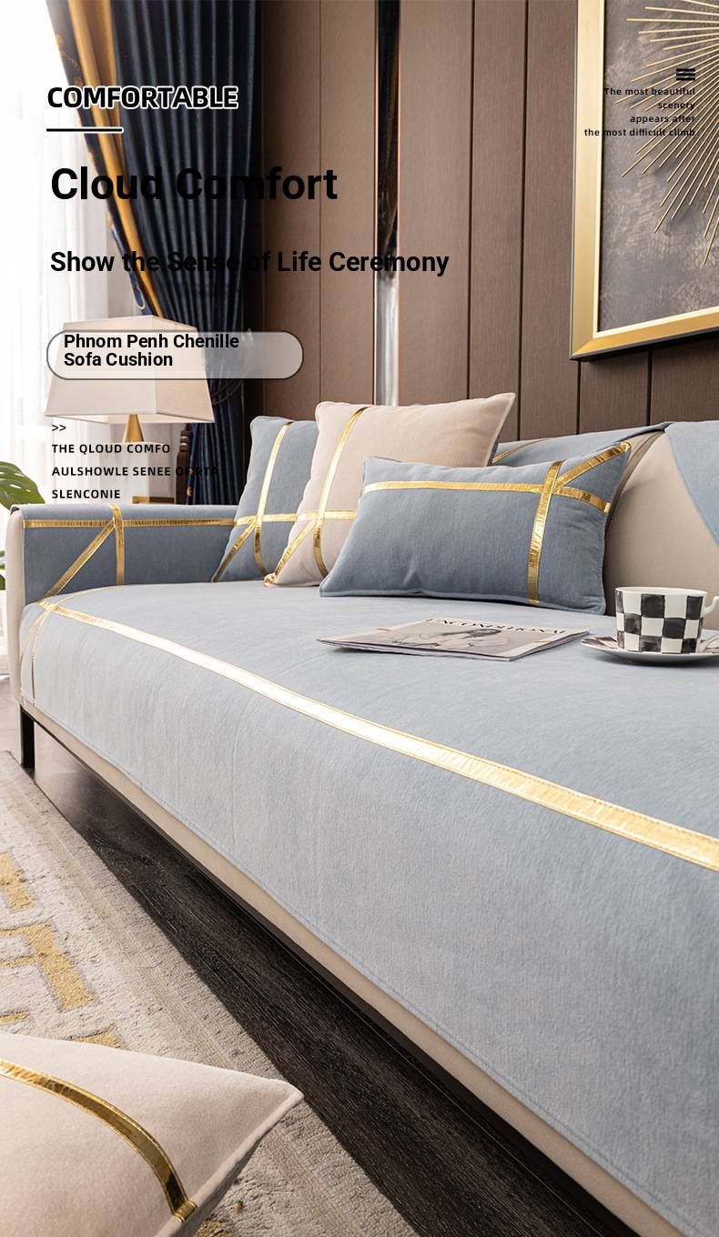 Luxury Chenille Sofa Cover Set With Cloud Gold Trim – Anti-Scratch, All-Season Fabric Protector For Sectional Couches_voghion.com