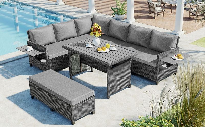 5-Piece Outdoor Patio Rattan Sofa Set; Sectional PE Wicker L-Shaped Garden Furniture Set with 2 Extendable Side Tables; Dining Table and Washable Cove_voghion.com