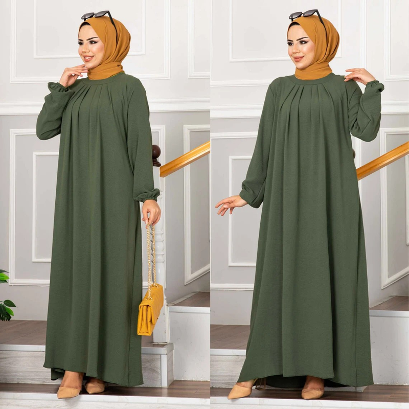 Abito lungo plissettato da donna, abito a maniche lunghe in stile turco musulmano, elegante abaya da sera per feste o abbigliamento formale._voghion.com