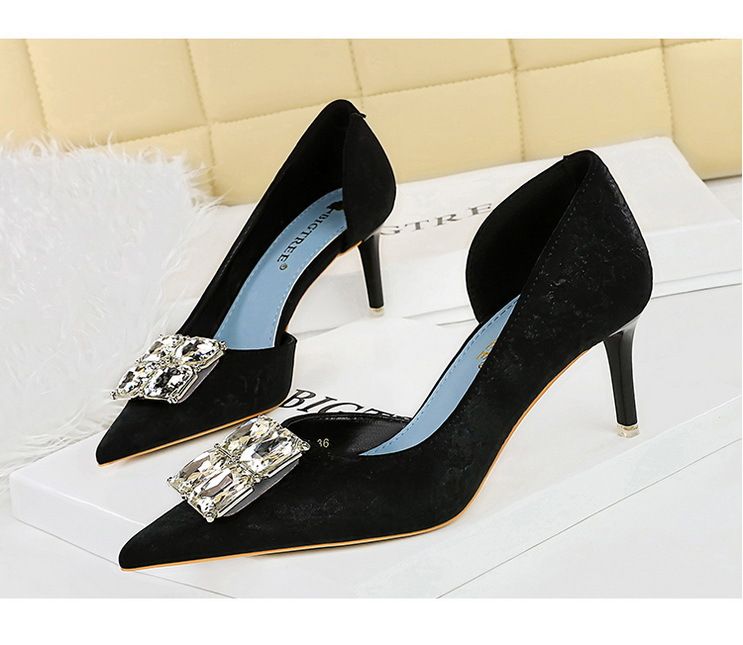 Women's shoes high heel hand scratch wrinkle cloth shallow mouth pointed side hollow rhinestone buckle single shoes_voghion.com