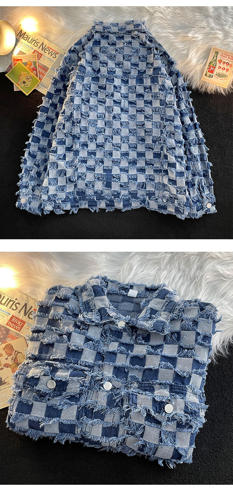 Giacca in denim a scacchiera americana, marchio alla moda per ragazzi, strada esplosiva, sciolto, casual, ruffiano, bello, a maniche lunghe_voghion.com