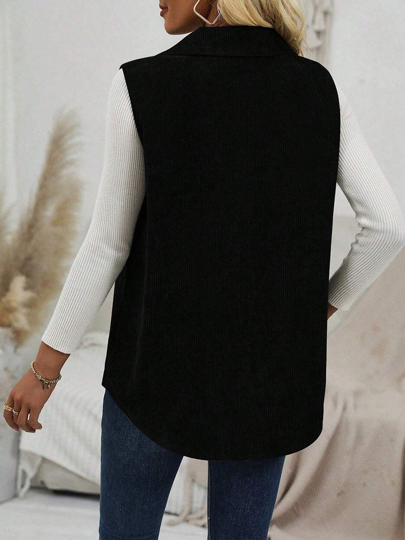 Gilet spolverino in velluto a coste da donna – Giacca lunga con bottoni e colletto a revers, cardigan casual da ufficio color cammello, capo essenziale per un look a strati in poliestere_voghion.com