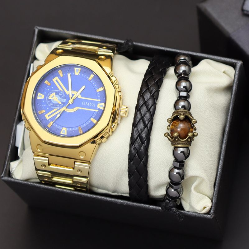 Geschenkbox Uhrenset Herren Quarz Wasserdicht Kalender Uhr Armband Stahlband_voghion.com