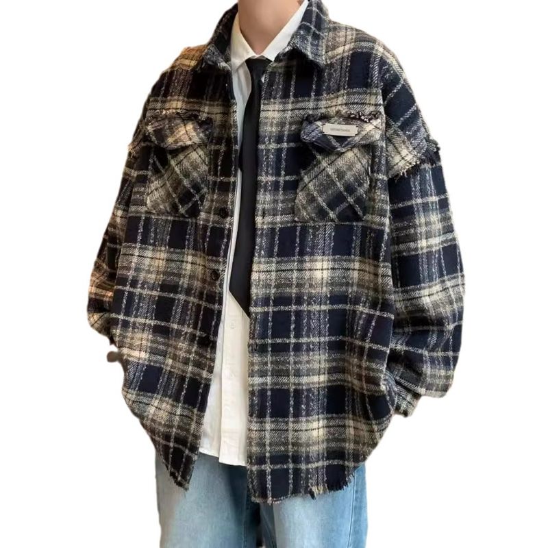 Checkered long sleeved shirt for men, winter new style thick retro fringed jacket, autumn and winter style cool and stylish shirt_voghion.com