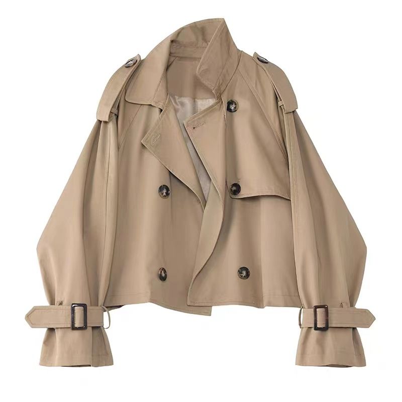 Chaqueta cortavientos de manga larga, holgada, versátil, con diseño de solapa retro y doble botonadura para mujer_voghion.com