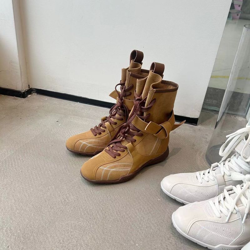 Women Boxing Boots 2025 Spring Height-Increasing Martin For Women, Brown Boxing Suede Round-Toe Lace-Up Sports Boots, Short Boots_voghion.com