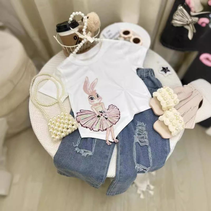 T-shirt à manches courtes et jean déchiré à la mode pour enfants, vêtements pour enfants, nouveau ballet lapin_voghion.com
