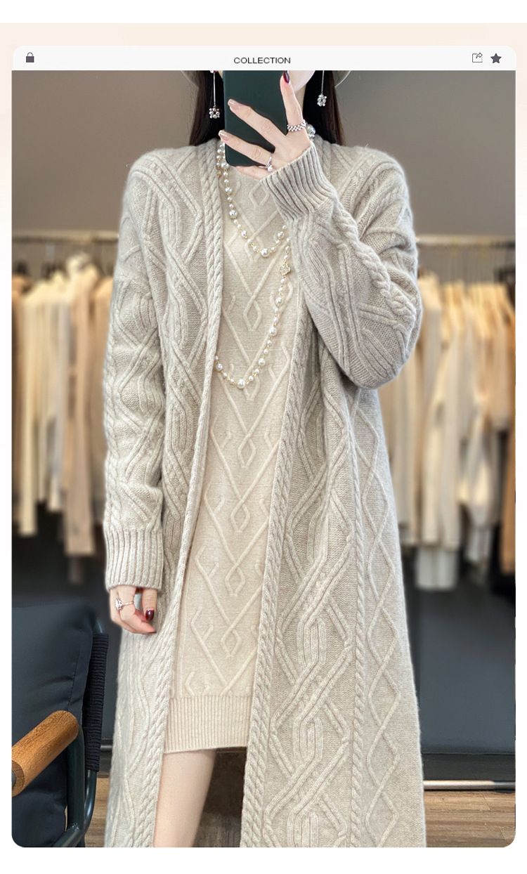 Cardigan lungo e largo in maglia di lana pesante e spessa, da donna, con scollo a V, autunno inverno_voghion.com